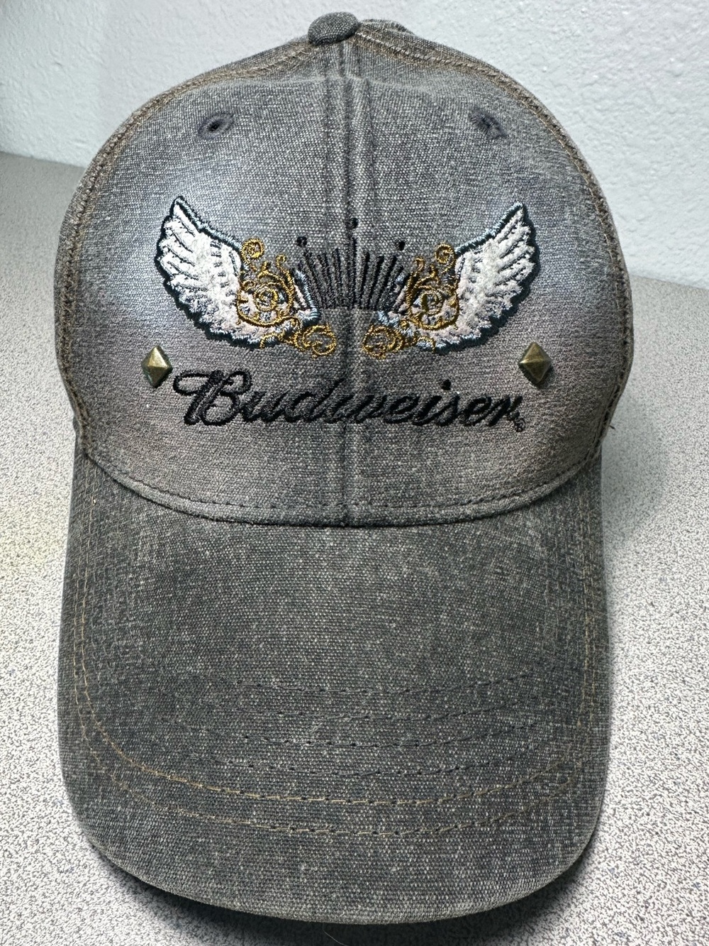 Budweiser Gray Distressed Wing Logo Baseball Cap with Gold Accents